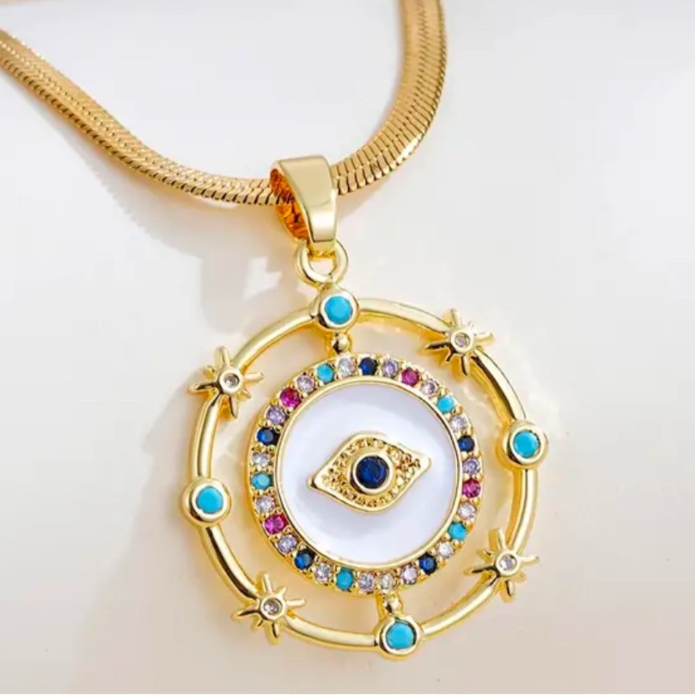 18k Gold- Plated Evil Eye Pendant Necklace with CZ Accents. New. - Picture 9 of 11